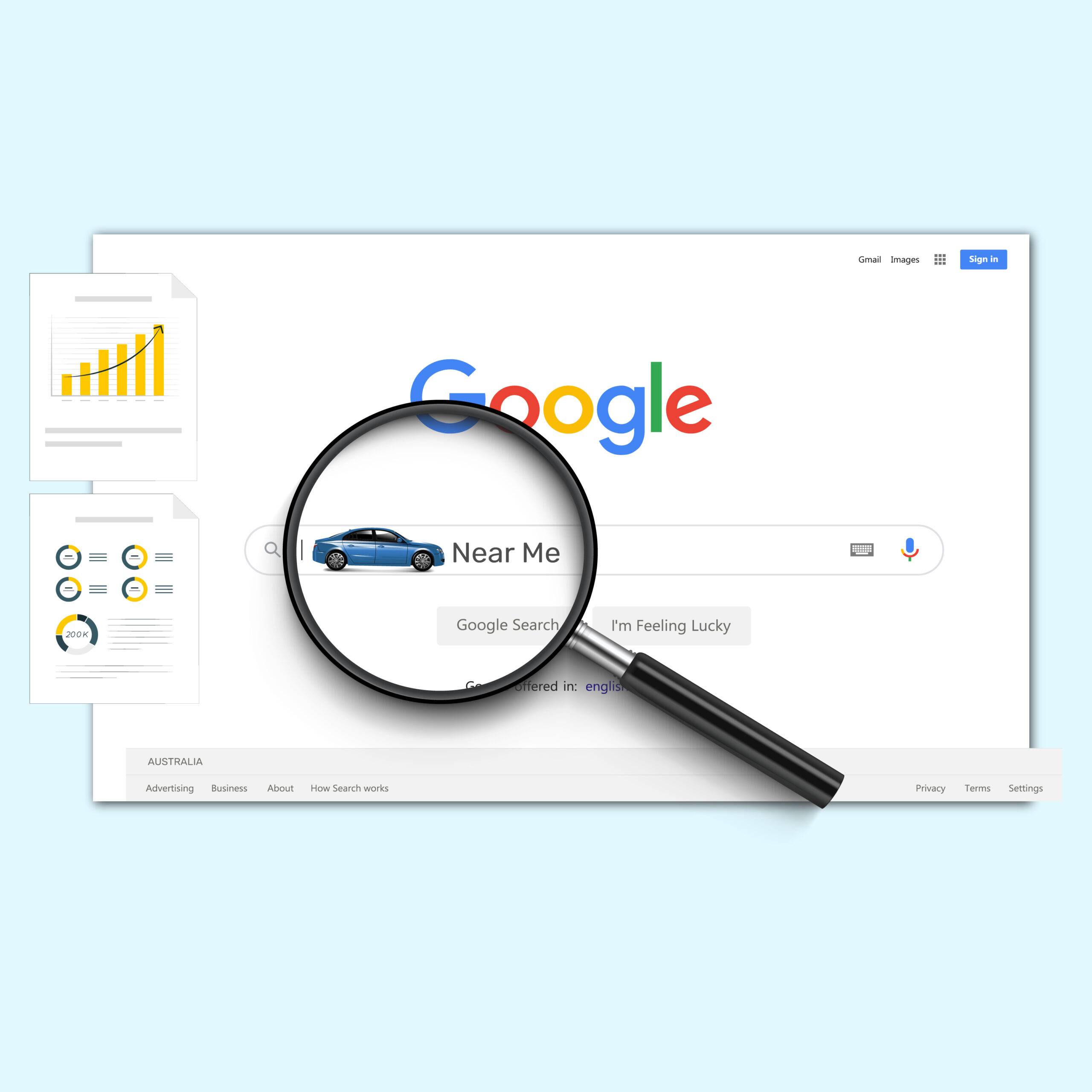 Magnifying glass focusing on a Google search for 'Near Me', with a blue car in the search results, illustrating local search.