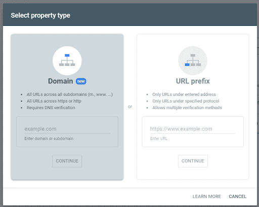 Google Search Console setup page with options to select 'Domain' or 'URL prefix' property types.