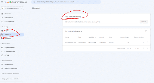 Google Search Console interface showing the Sitemaps section with an option to add a new sitemap.