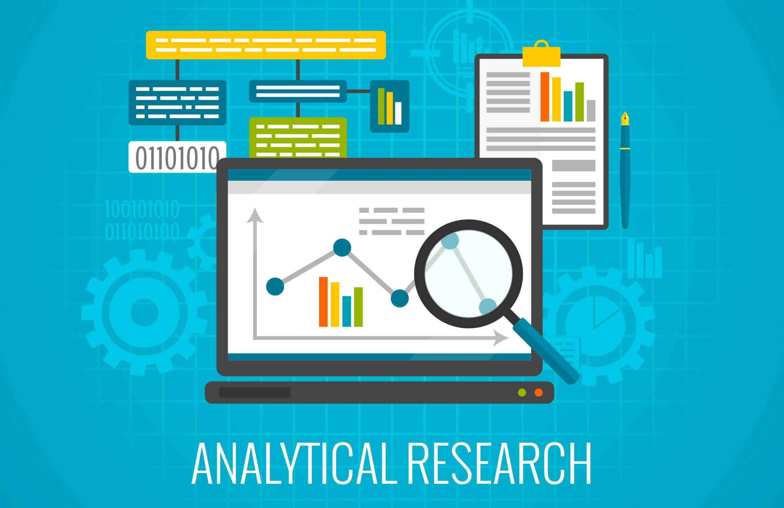 Colorful graphic of a computer displaying analytics data with a magnifying glass, symbolizing analytical research.