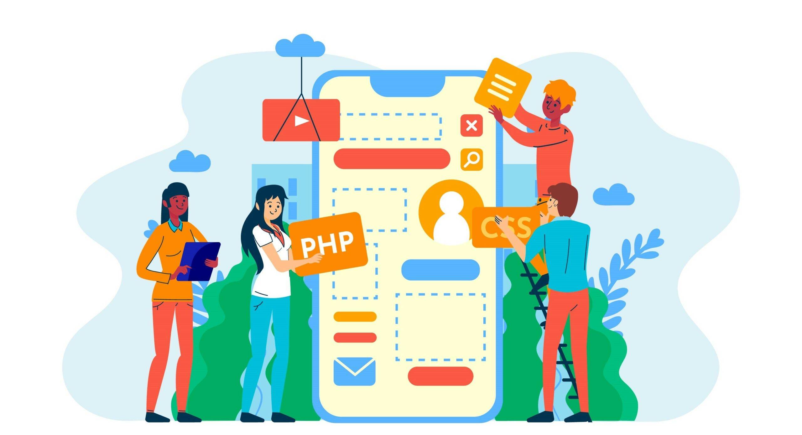 Illustration of a team collaborating on a mobile interface with icons for video, PHP, and CSS.