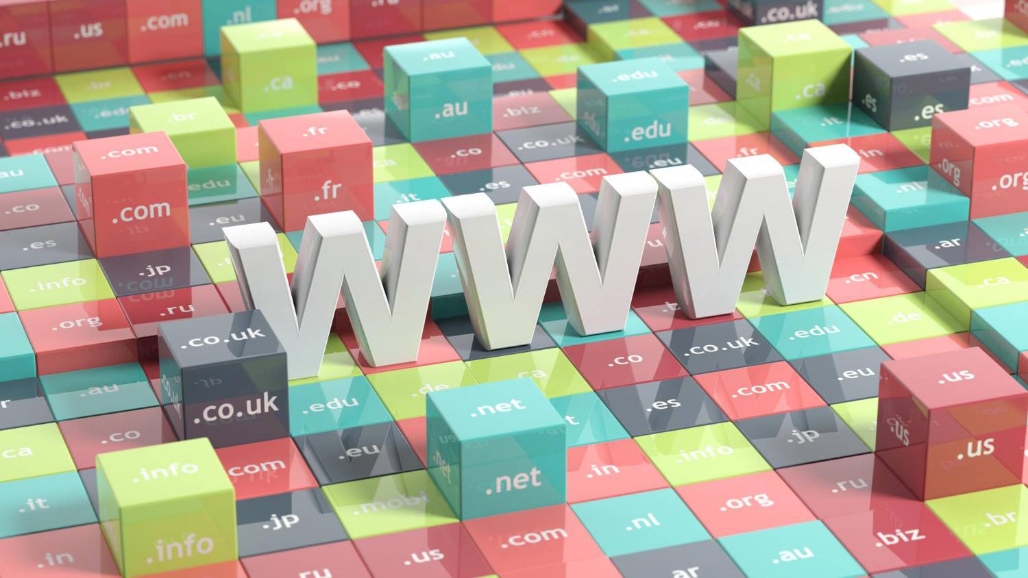 3D illustration of 'WWW' letters standing on a colorful mosaic of domain extensions like .com, .net, and .edu.