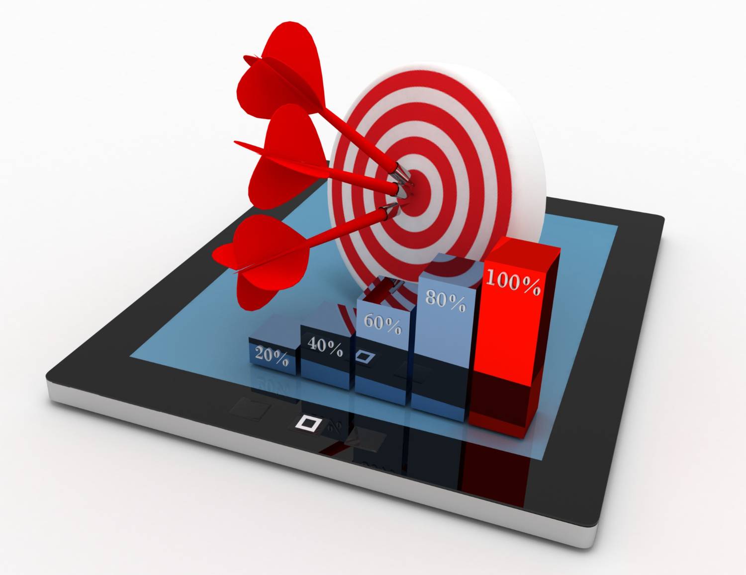 Darts in a bullseye on a tablet screen, symbolizing precise targeting in digital marketing.