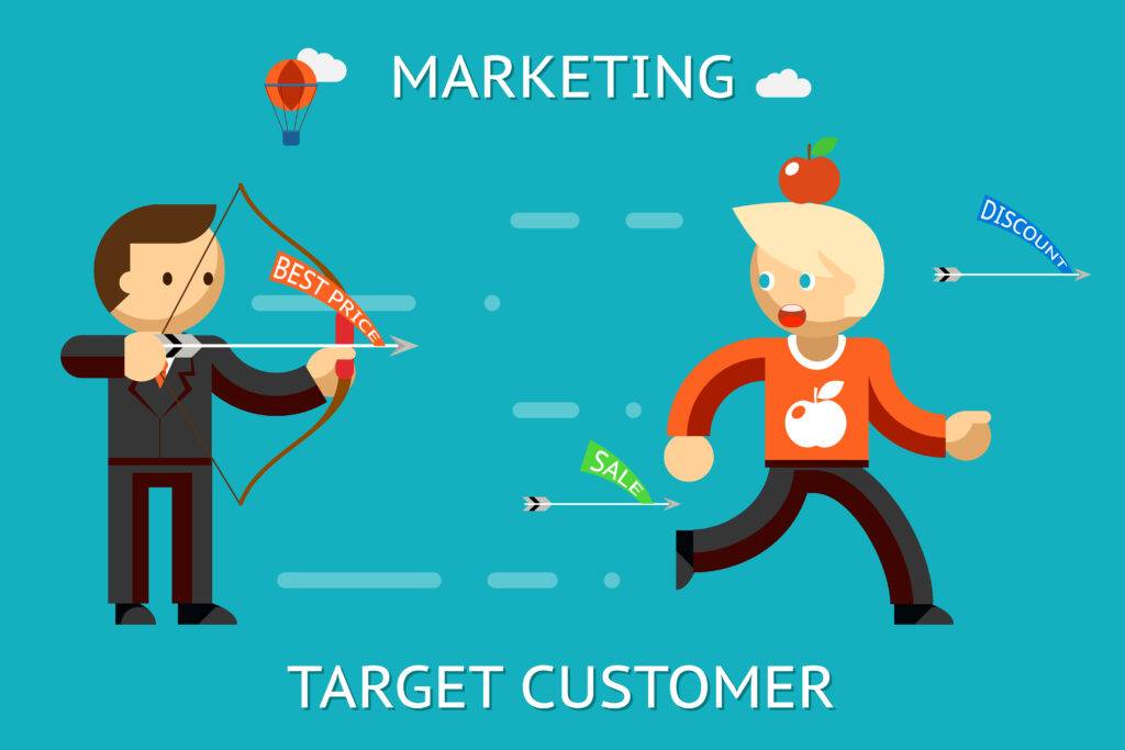 Cartoon of a marketer with a bow aiming a 'Best Price' arrow at a consumer dodging 'Sale' and 'Discount' arrows.