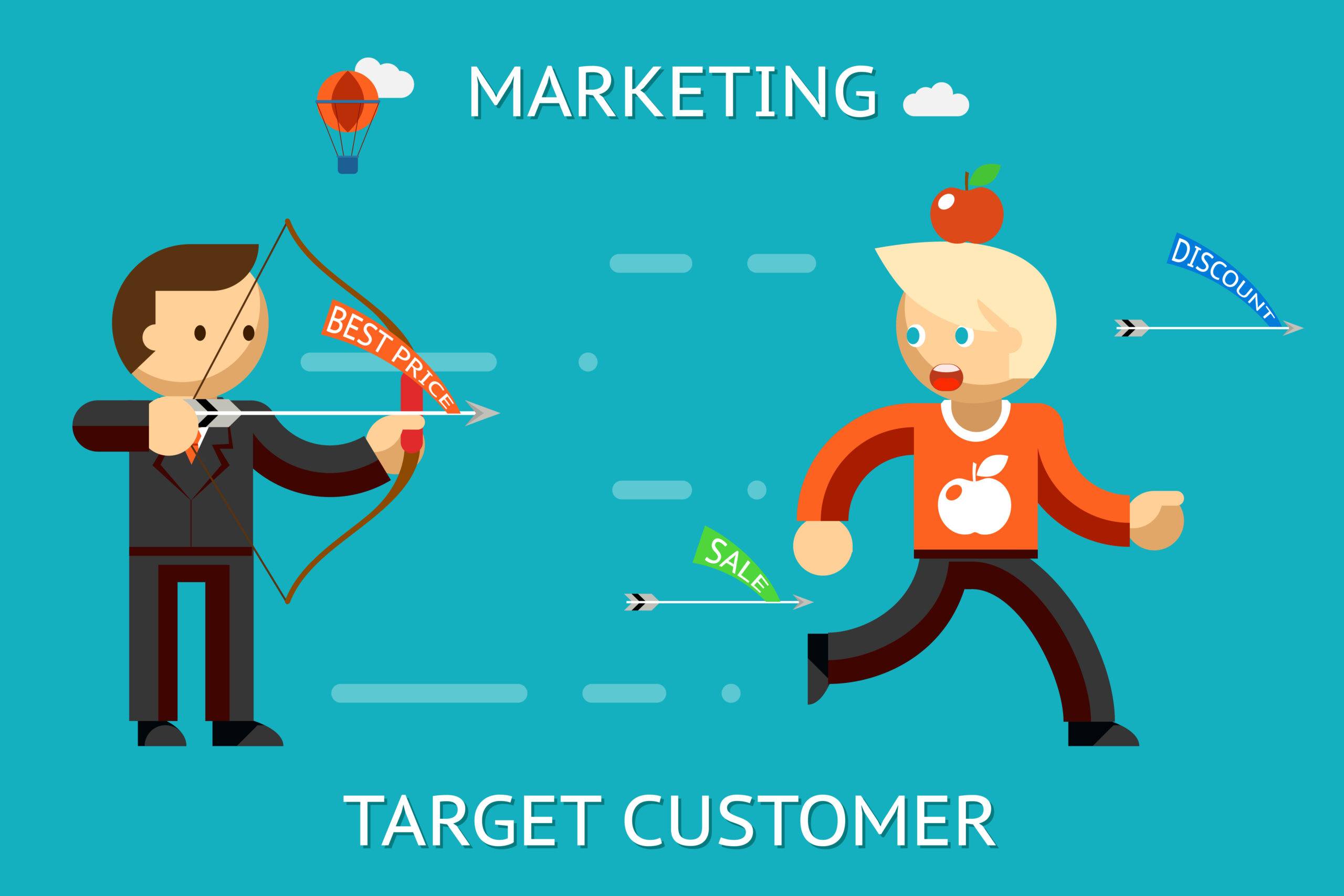 Cartoon of a marketer with a bow aiming a 'Best Price' arrow at a consumer dodging 'Sale' and 'Discount' arrows.